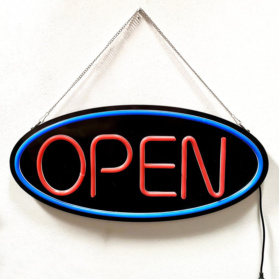 Attractive LED Open Sign - Black Design with Red Text and Blue Circle #1