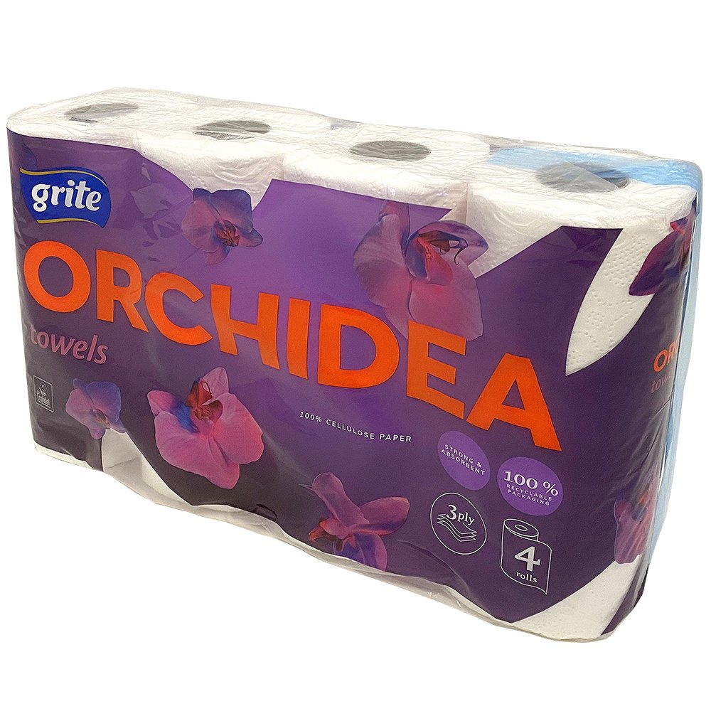 Paper towel, Grite Orchidea, 3-ply, 100% new fiber, 28 rolls | Danish ...