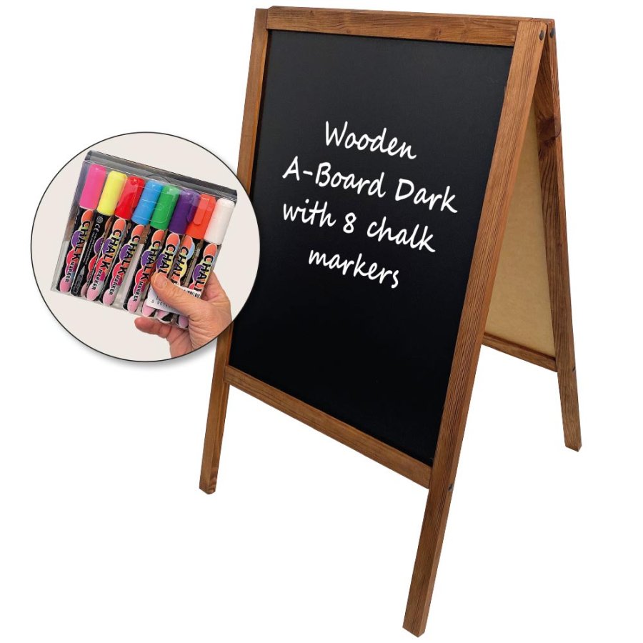 Wooden A-Board, dark stained wooden frame and black chalkboard plate, 60 x 100cm incl. 8 chalk board markers