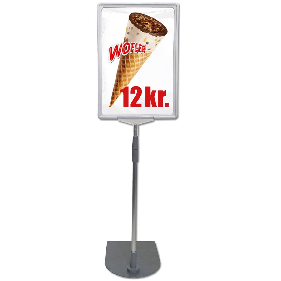 Double sided price frame, set w/alu base and pole, white A4 frame, cover sheet, height 72-90 cm