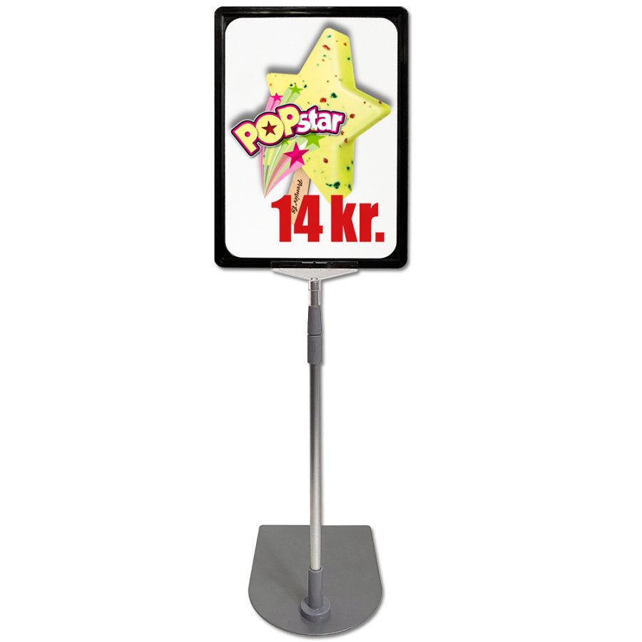 Double sided price frame, set w/alu base and pole, black A4 frame, cover sheet, height 72-90 cm