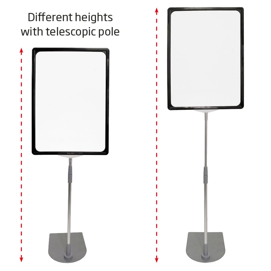 Double sided price frame, set w/alu base and pole, black A3 frame, cover sheet, height 84-103 cm