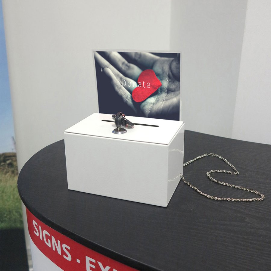 Donation Box, white, with A5 info