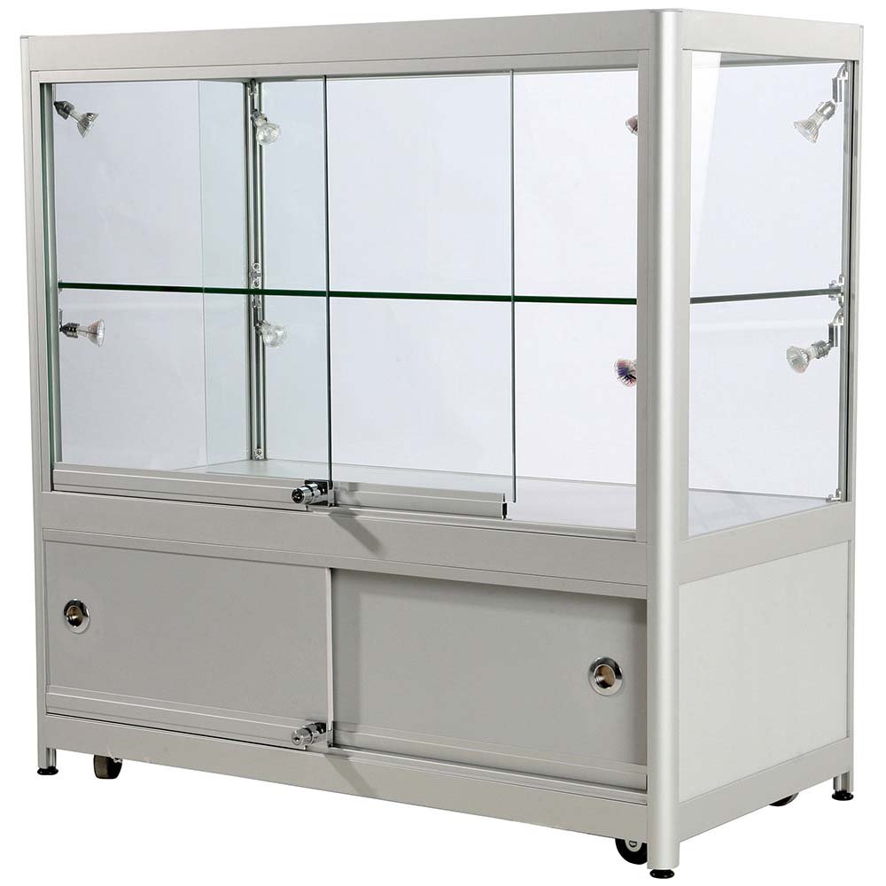 Showcase Counter Duo, silver, with storage and LED spots | Danish Sign ...