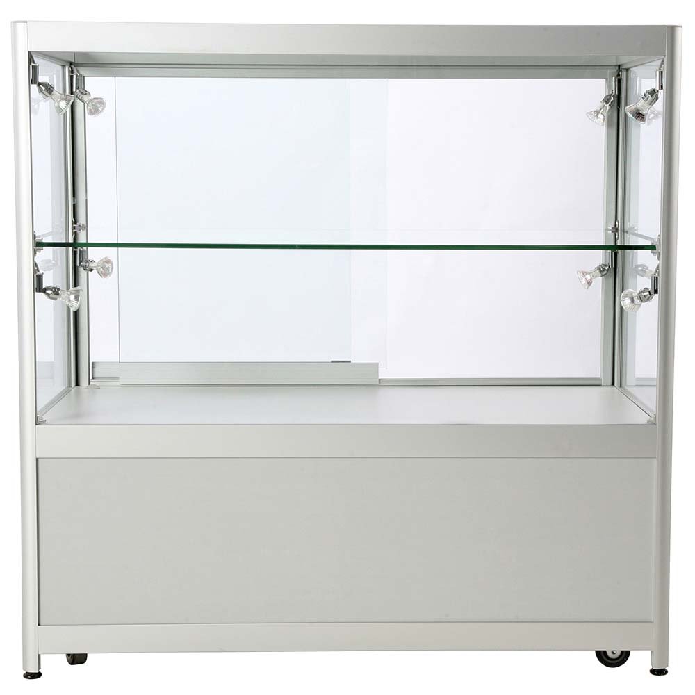Showcase Counter Duo, silver, with storage and LED spots | Danish Sign ...