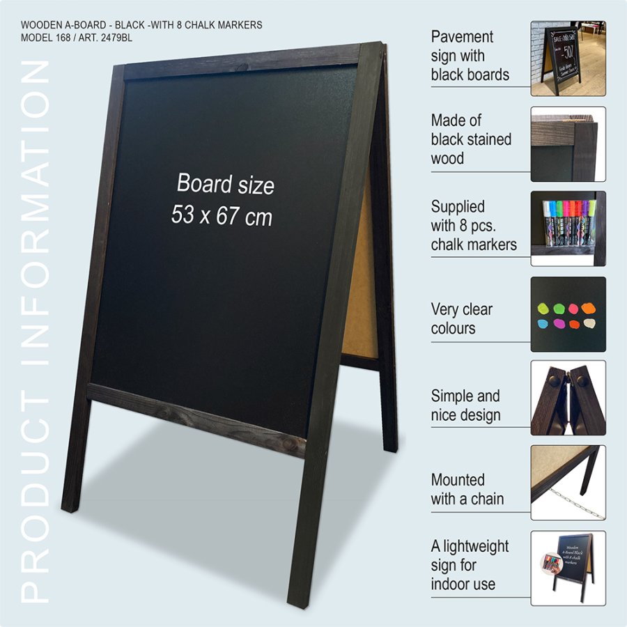 Pavement Sign, Chalkboard, including markers, 53 x 67 cm, Black Stained Wood