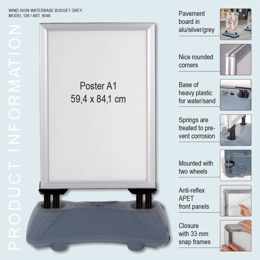Pavement Sign, Wind-Sign Waterbase Budget, 40 mm profile, Silver, A1 - 59,4 x 84,1 cm