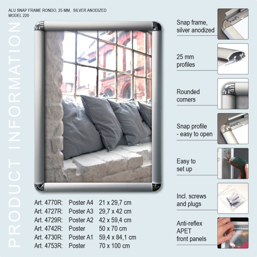 Snap Frame, Rondo, Silver, 25 mm aluminum profile, B1 - 70 x 100 cm