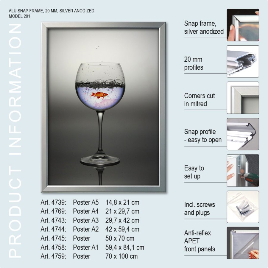 Snap Frame, 20 mm aluminum flat profile, Silver, B1 - 70 x 100 cm