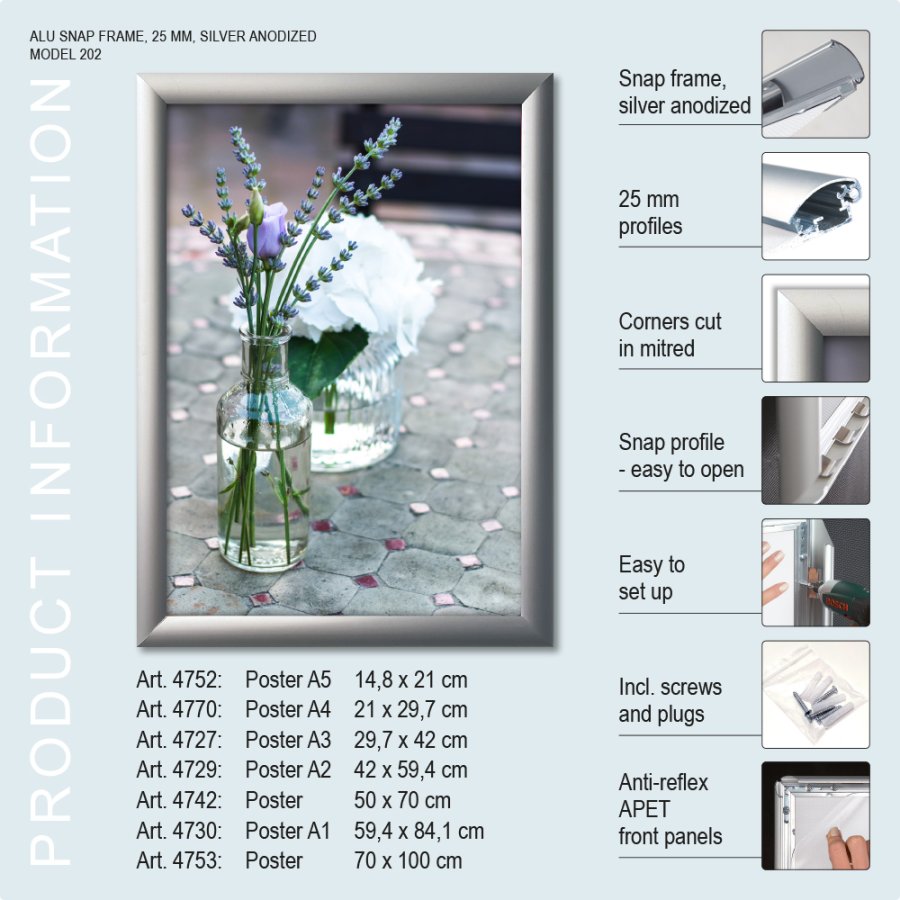 Snap Frame, 25 mm profile, Silver, B2 - 50 x 70 cm