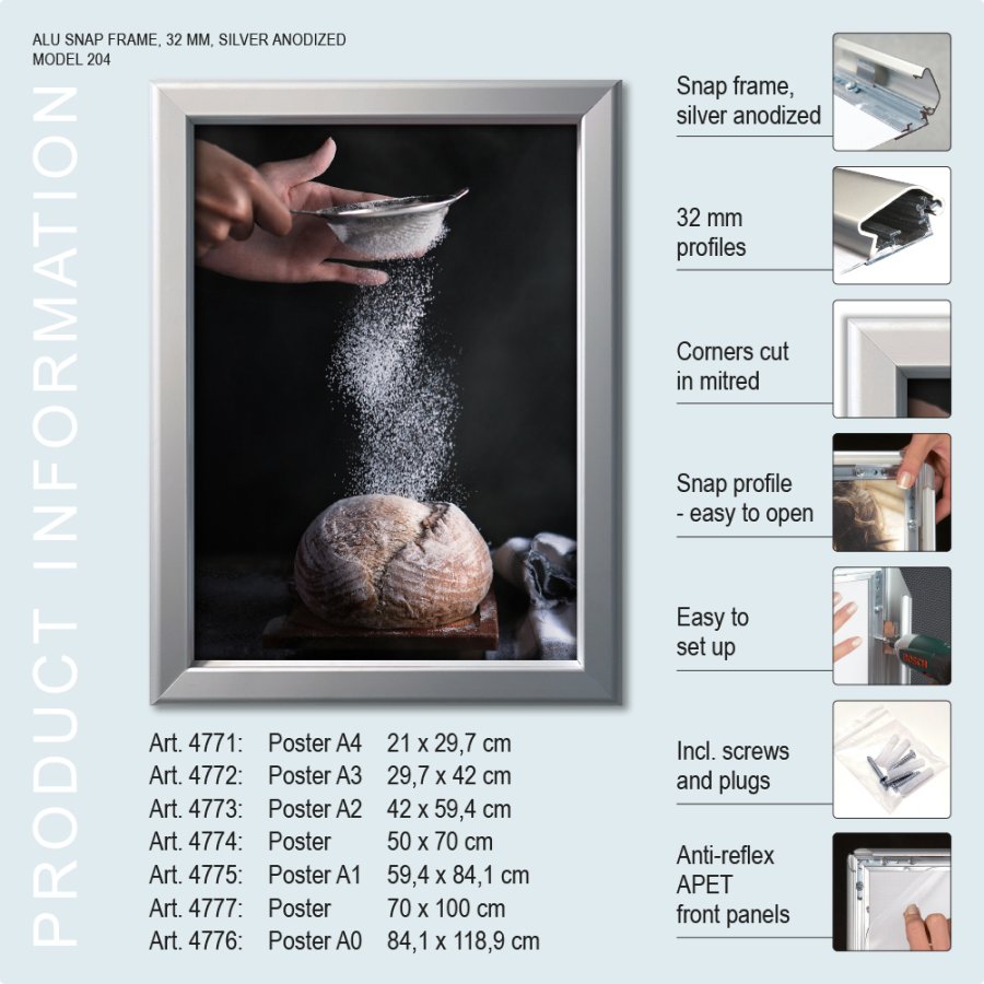 Snap Frame, 32 mm profile, Silver, A2 - 42 x 59,4 cm