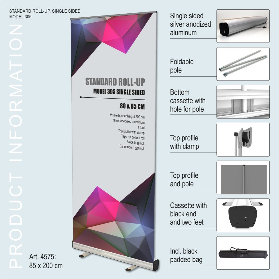 Standard Roller Banner Aluminium Cassette Single-sided Banner with Bag 85x200 cm Silver