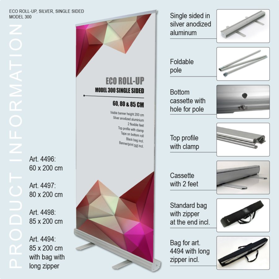 Roller Banner Cassette, Eco, one-sided, Aluminum/Silver, including bag, 80 cm