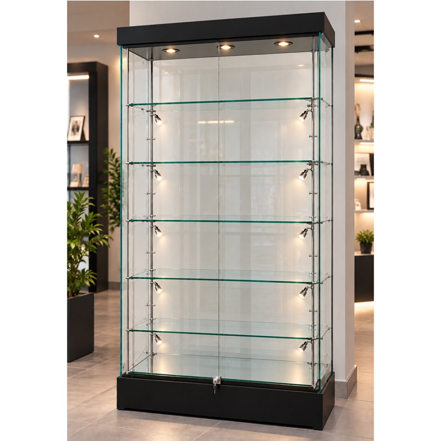 Showcase Frameless glass display cabinet with LED light and lock, black