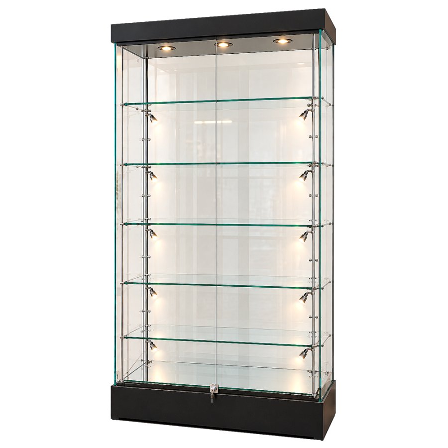 Showcase Frameless glass display cabinet with LED light and lock, black