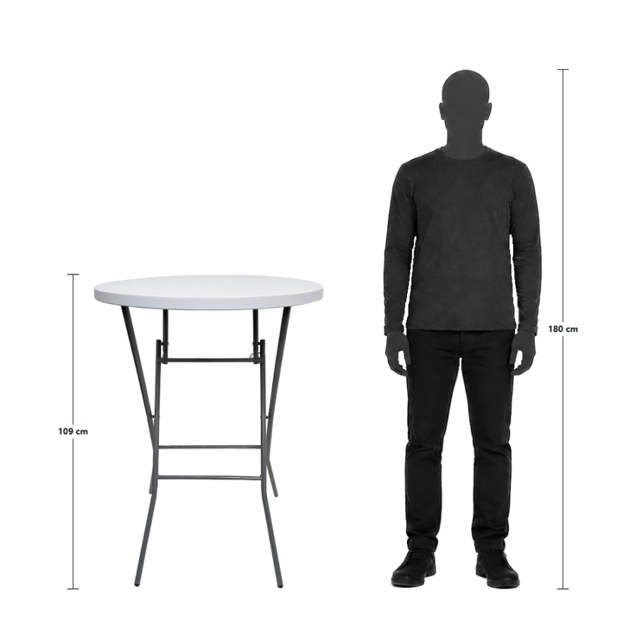 Round Folding Table &Oslash; 80 cm, White Top & Black Steel Frame, Height 110 cm