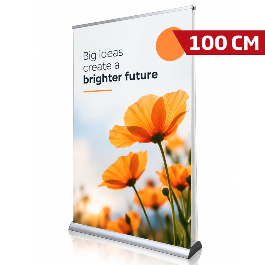 Here are three SEO-friendly Danish title suggestions:

1) Double-sided roll-up 100 cm in aluminum - sleek and portable  
2) Sleek double-sided roll-up 100 cm | Aluminum display  
3) Roll-up 100 cm (double-sided) in aluminum - perfect for trade shows and events